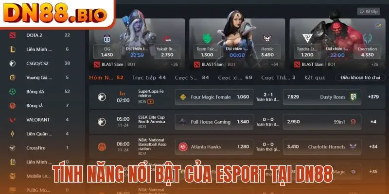 Tính năng nổi bật của Esport tại DN88
